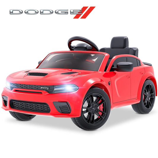 Dodge Licensed 12V Electric Ride-On Charger SRT Hellcat for Kids with Parental Remote Control, Music Player, and LED Lights - Red