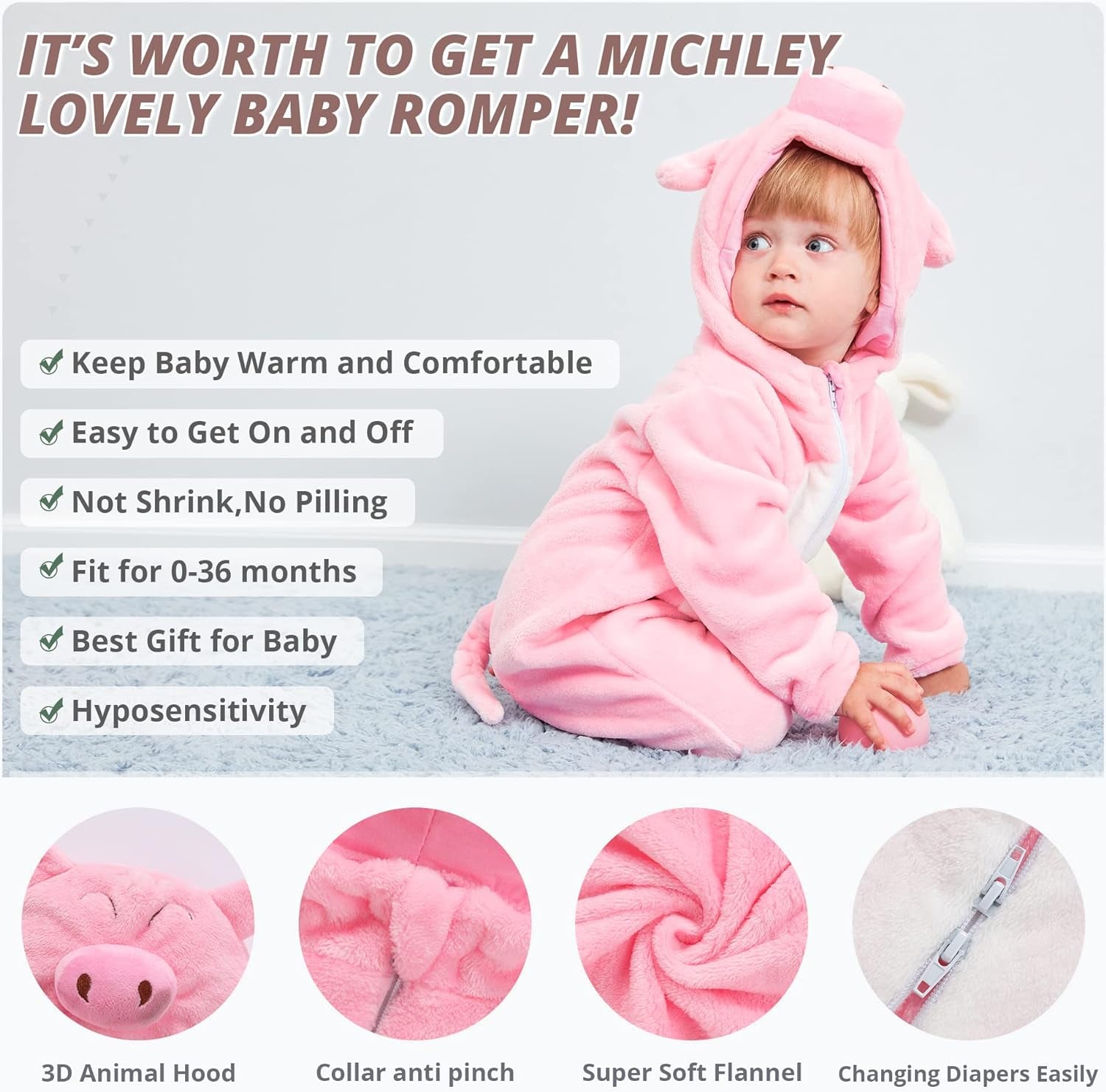 Unisex Baby Animal-Themed Flannel Hooded Romper for Winter and Autumn Cosplay