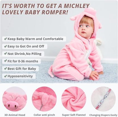 Unisex Baby Animal-Themed Flannel Hooded Romper for Winter and Autumn Cosplay