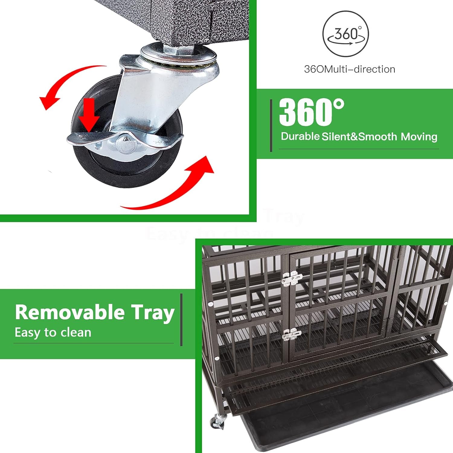 46-Inch Heavy-Duty Indestructible Dog Crate with Wheels, Escape-Proof Kennel for Large Dogs, Extra Large XXL Indoor Dog Crate with Secure Lock and Double Door Removable Tray