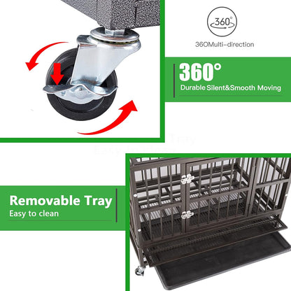 46-Inch Heavy-Duty Indestructible Dog Crate with Wheels, Escape-Proof Kennel for Large Dogs, Extra Large XXL Indoor Dog Crate with Secure Lock and Double Door Removable Tray