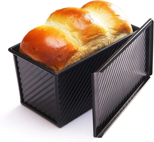 Pullman Loaf Pan with Lid, 1Lb Dough Capacity Non-Stick Rectangle Corrugated Bread Pan, Carbon Steel Bakeware Toast Mold with Cover for Baking Bread - Black