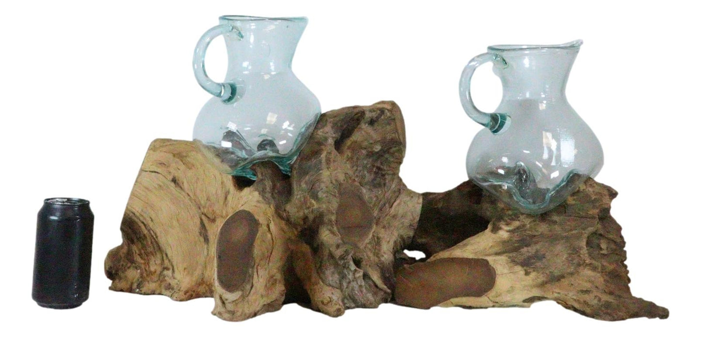 Set of 2 Balinese Natural Gamal Wood Driftwood with Molten Glass Water Jugs