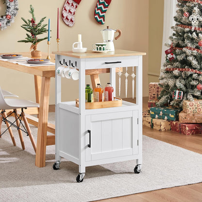 Rolling Kitchen Island Cart with Storage and Drawer, Features Wood Top and 6 Side Hooks, White Finish