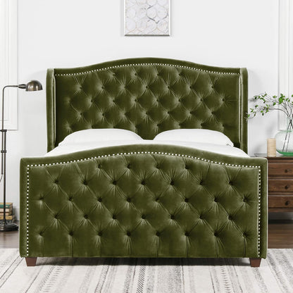 Marcella Queen Upholstered Shelter Headboard Bed Set in Olive Green Performance Velvet