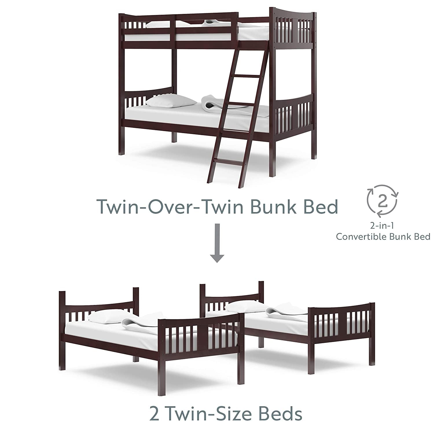 Caribou Twin over Twin Bunk Bed in Espresso - GREENGUARD Gold Certified, Convertible to Two Individual Twin Beds for Children