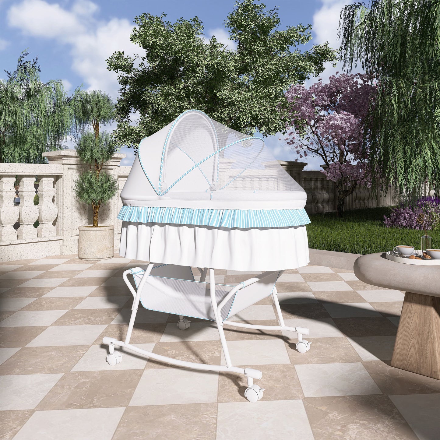 Lacy Lightweight Dual-Function Portable Bassinet and Cradle in Blue and White
