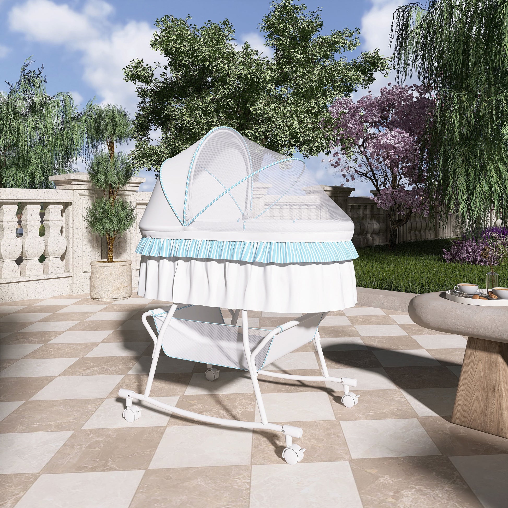 Lacy Lightweight Dual-Function Portable Bassinet and Cradle in Blue and White