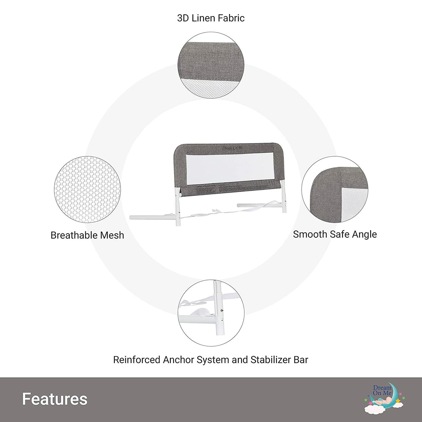 Dream on Me Hide Away Safety Bed Rail for Children - Grey Mesh Security Barrier System