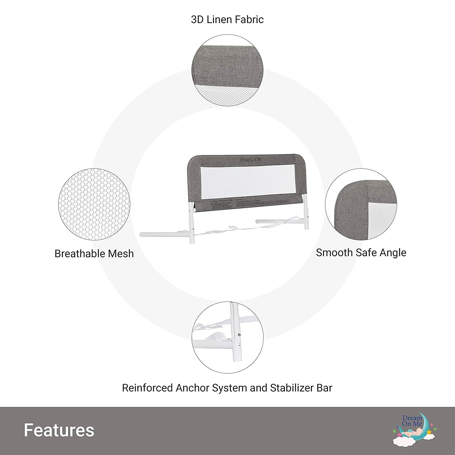 Dream on Me Hide Away Safety Bed Rail for Children - Grey Mesh Security Barrier System