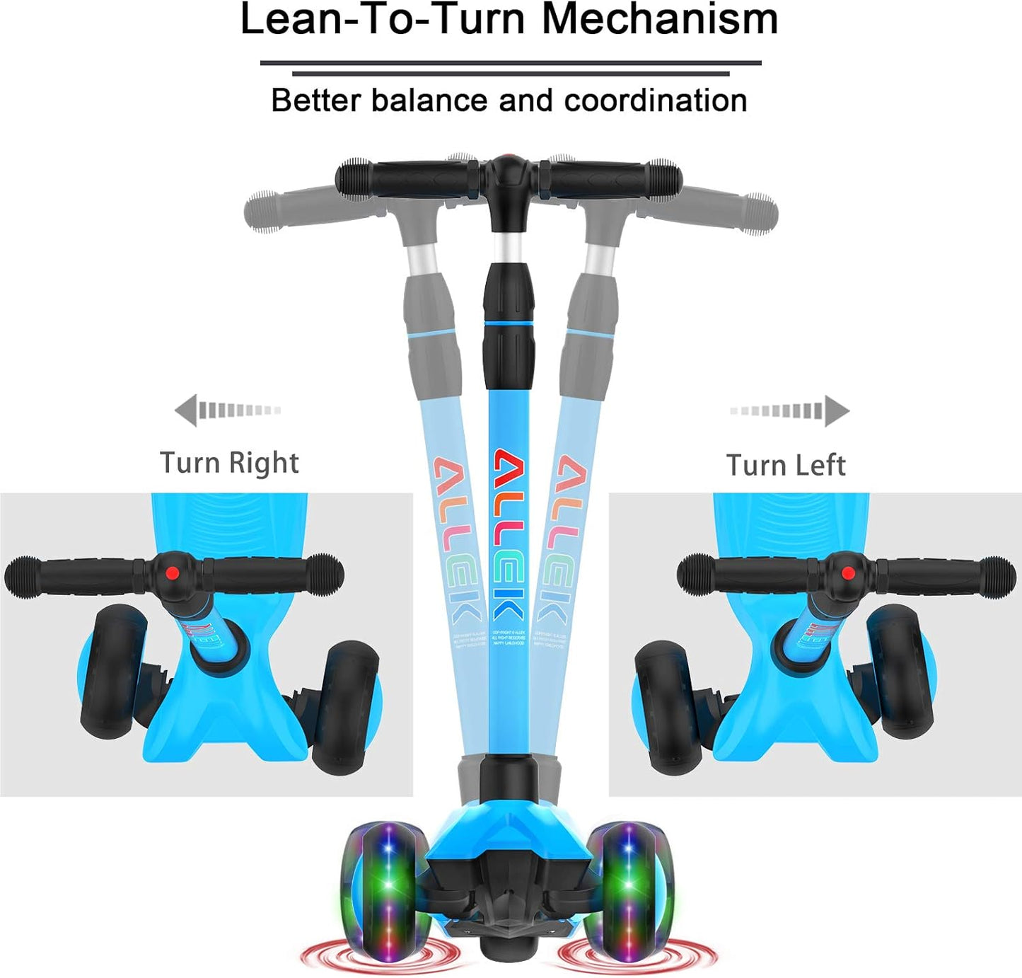 Lean 'N Glide B03 3-Wheeled Kick Scooter for Children Aged 3-12 Years, Adjustable Handlebar, Extra Wide PU Light-Up Wheels, Durable Deck - Aqua Blue