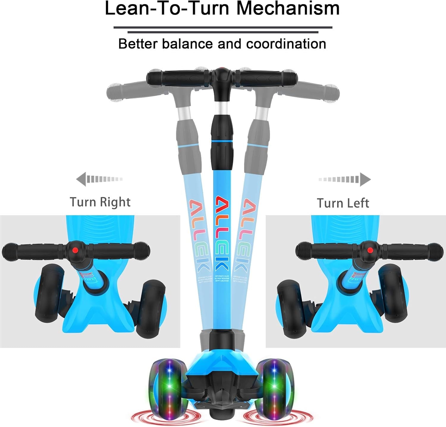 Lean 'N Glide B03 3-Wheeled Kick Scooter for Children Aged 3-12 Years, Adjustable Handlebar, Extra Wide PU Light-Up Wheels, Durable Deck - Aqua Blue