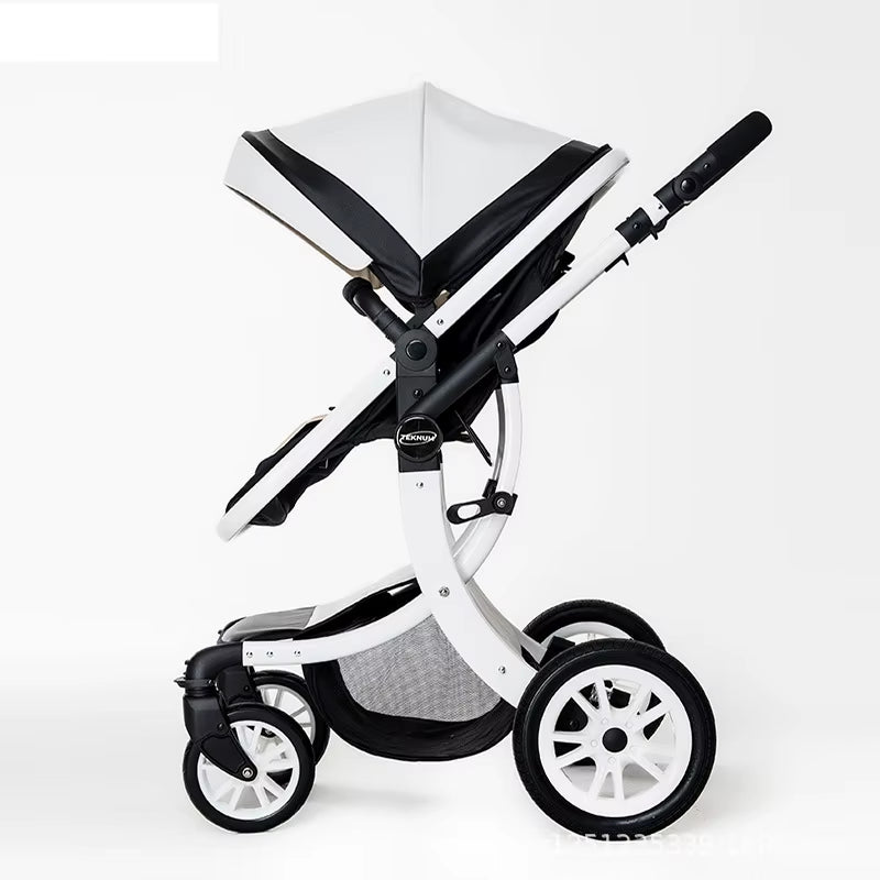 Luxury 3-in-1 Baby Stroller and Car Seat System - 2025 New PU Leather High Landscape Portable Pushchair in White