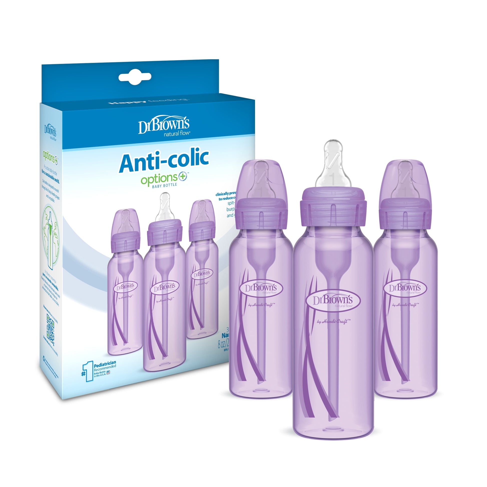 Natural Flow Anti-Colic Options+ Narrow Baby Bottles, Purple, 8 oz, Slow Flow, Suitable for Newborns, Set of 3
