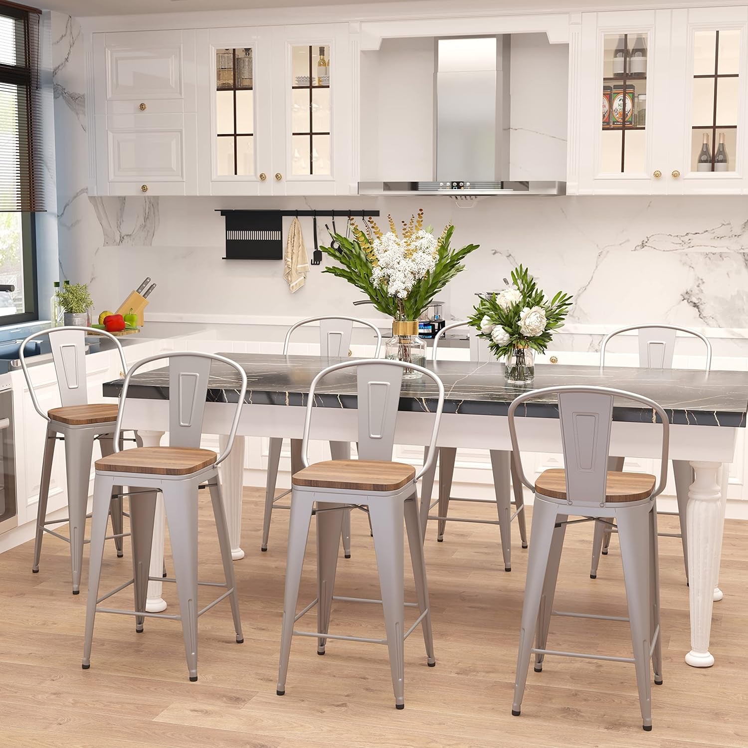 Set of 4 Industrial Metal Bar Stools, 26-Inch Counter Height with Backs, Farmhouse Style, Silver Finish