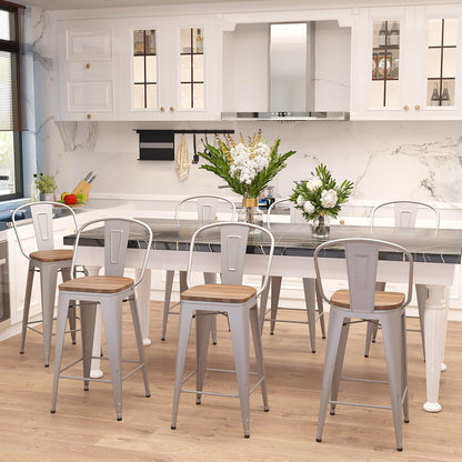 Set of 4 Industrial Metal Bar Stools, 26-Inch Counter Height with Backs, Farmhouse Style, Silver Finish