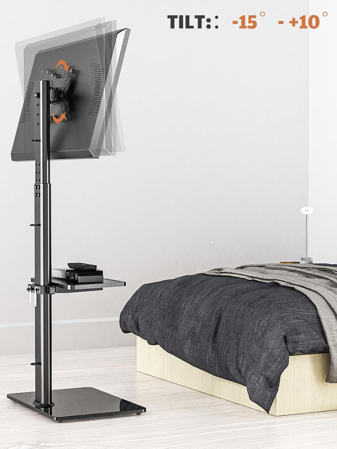 Universal Floor TV Stand with Mount for 19 to 43 Inch Flat Screen TVs, 100-Degree Swivel, Adjustable Height and Tilt, Space-Saving Design with Two Shelves for Bedroom and Living Room Corners