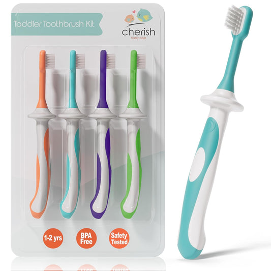 Toddler Toothbrush Set for Ages 1-2 (4-Pack) - BPA-Free, Safety-Tested Soft-Grip Toothbrushes Developed by Pediatric Dentists