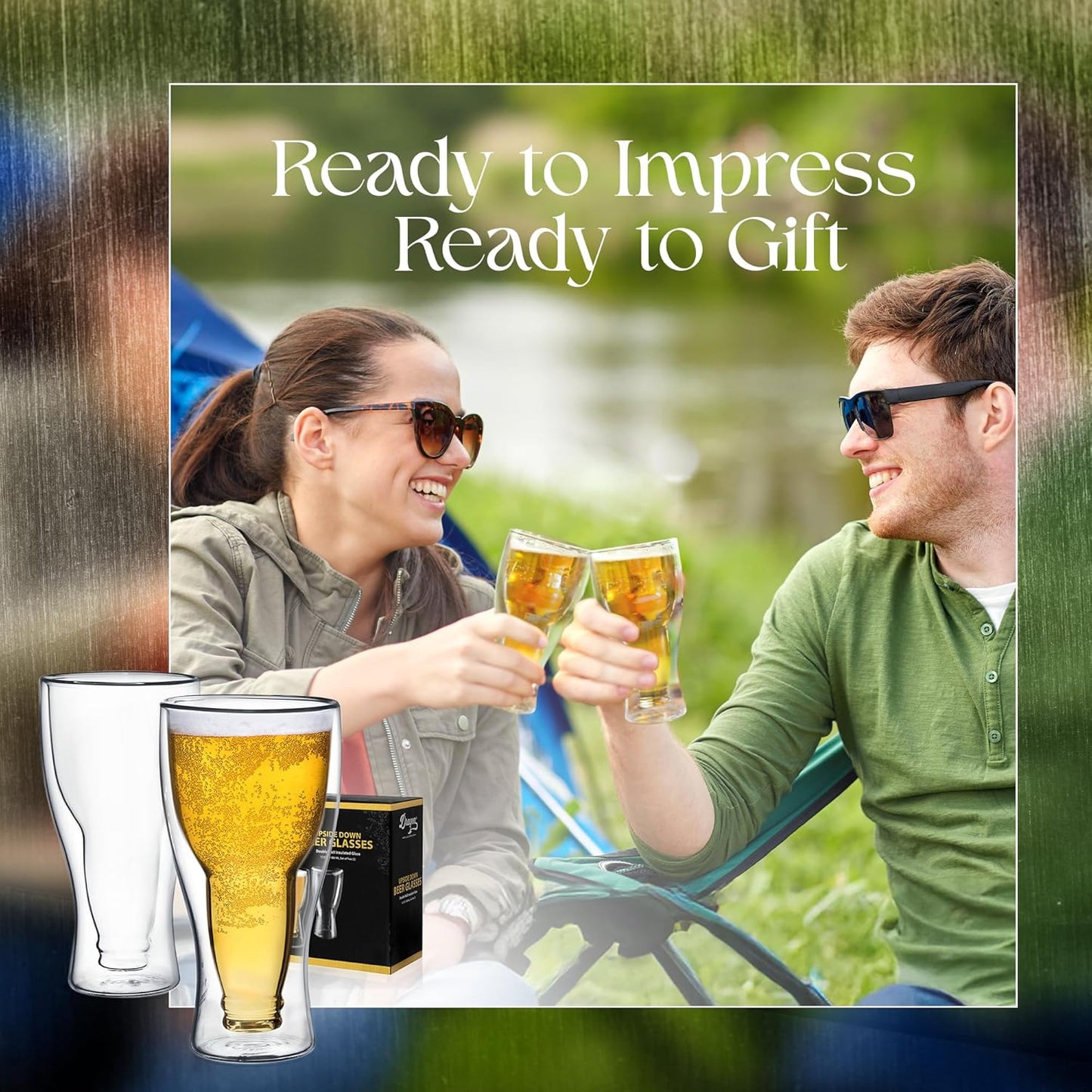 Beer Glasses - 13.5 Oz Clear Double Wall Insulated Beer Glass Set of 2 - Upside down Design - Holds One Full Bottle - Freezer Safe