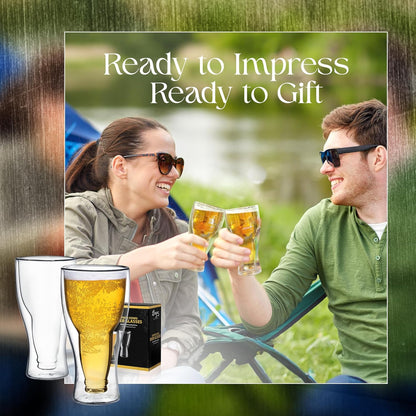 Beer Glasses - 13.5 Oz Clear Double Wall Insulated Beer Glass Set of 2 - Upside down Design - Holds One Full Bottle - Freezer Safe