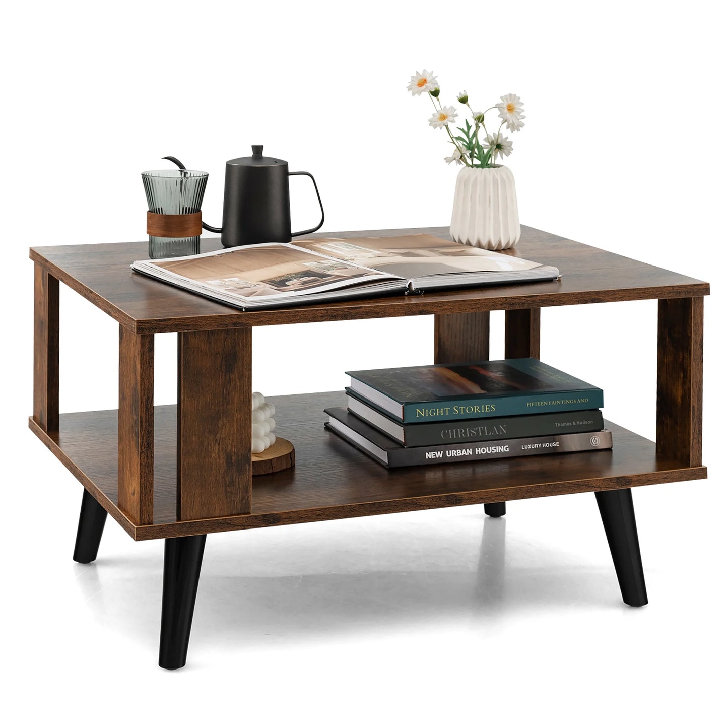 Mid-Century Retro Coffee Table with Open Shelf Storage for Living Room