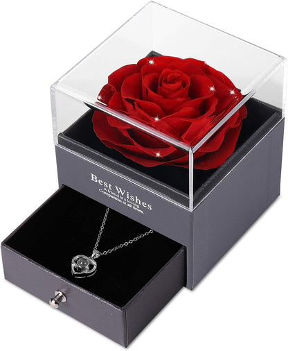 Mother's Day Gift Set: Preserved Real Flower Rose with Silver-Tone Heart Necklace - "I Love You" in 100 Languages, Enchanted Red Crystal Floral Gift for Her