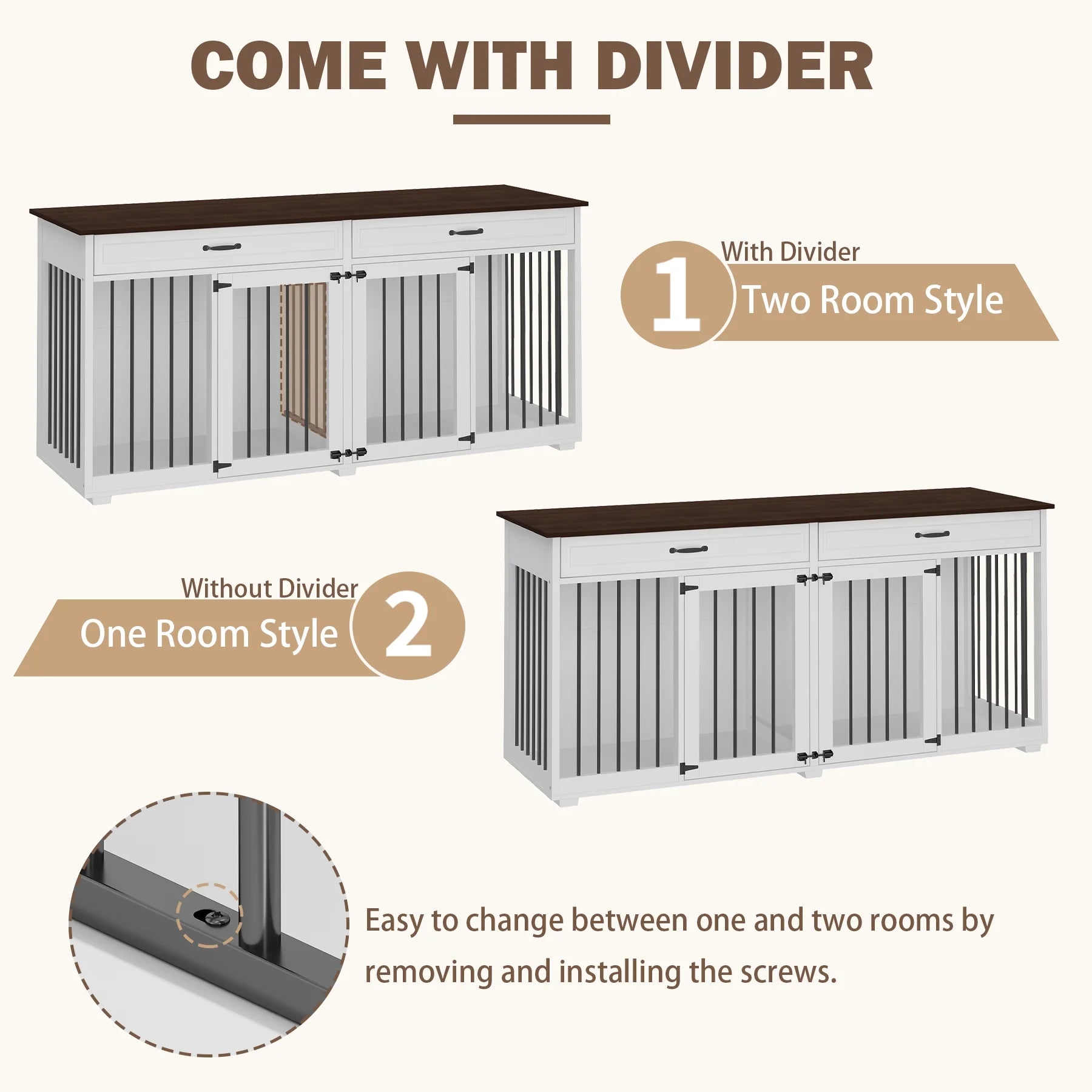 72.4" Large Double Dog Crate Furniture with Divider and 2 Drawers for 2 Medium or Large Dogs
