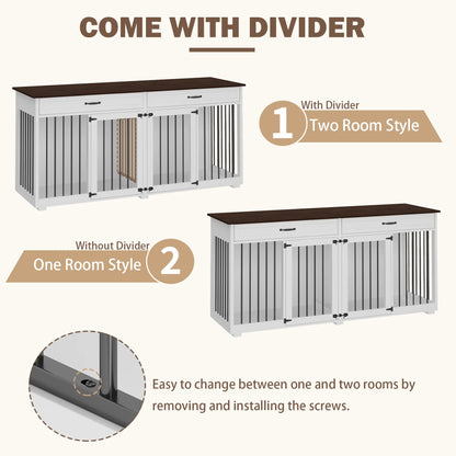 72.4" Large Double Dog Crate Furniture with Divider and 2 Drawers for 2 Medium or Large Dogs