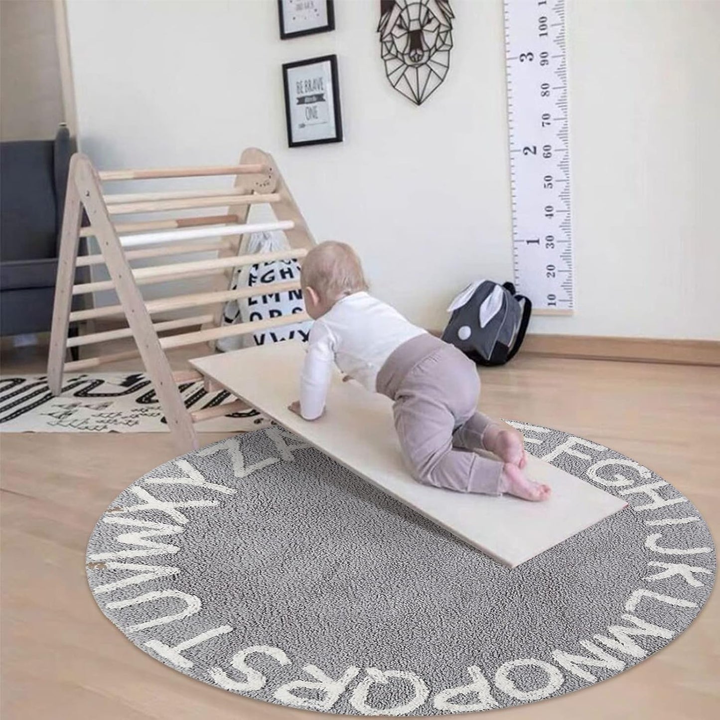 ABC Kids Rug - 59-Inch Round Cotton Alphabet Carpet in Grey and White, Soft and Educational for Playroom and Nursery