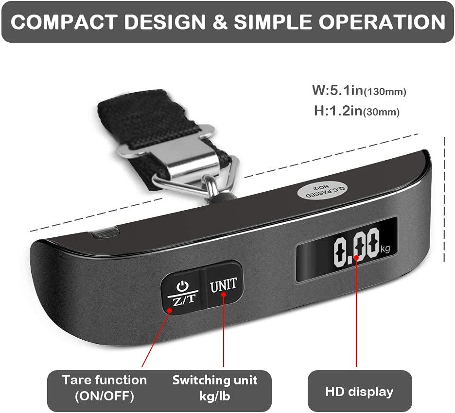 Portable Digital Luggage Scale for Travel - 110 lb Capacity, Rubber Coated Design, Battery Included