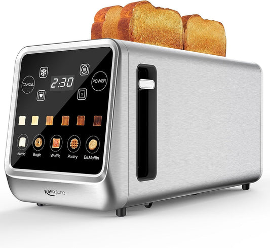 Toaster 4 Slice, Digital Smart Toaster with Touchscreen, Memory Function, Single Slot Toasting, Timer, Reheat & Defrost for Bagels, Bread, Waffles, Muffin, Stainless Steel Kitchen Essentials