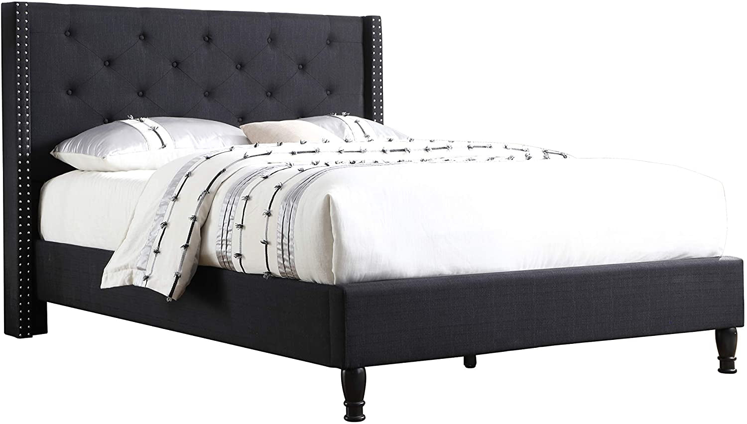 Linen Upholstered Full Size Platform Bed with 51-Inch Headboard - Durable Wooden Slat Design - Effortless Assembly - Mattress Support - No Box Spring Needed - Black