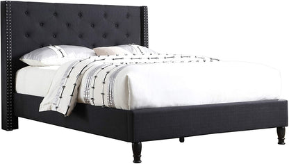 Linen Upholstered Full Size Platform Bed with 51-Inch Headboard - Durable Wooden Slat Design - Effortless Assembly - Mattress Support - No Box Spring Needed - Black