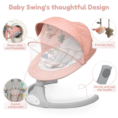 Electric Baby Swing and Rocker with Remote Control, Five Sway Speeds, Bluetooth Music Feature, Pink