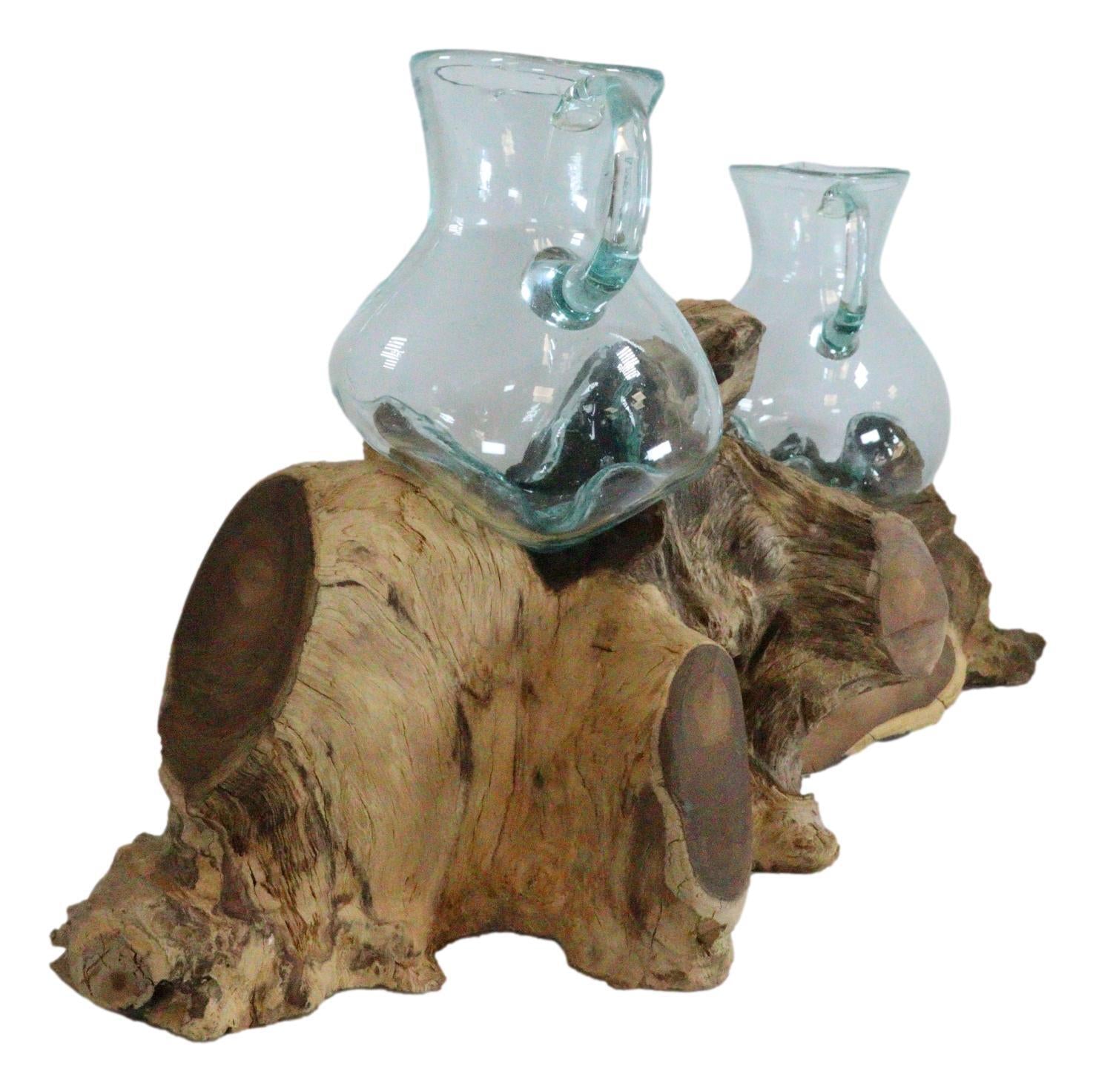 Set of 2 Balinese Natural Gamal Wood Driftwood with Molten Glass Water Jugs