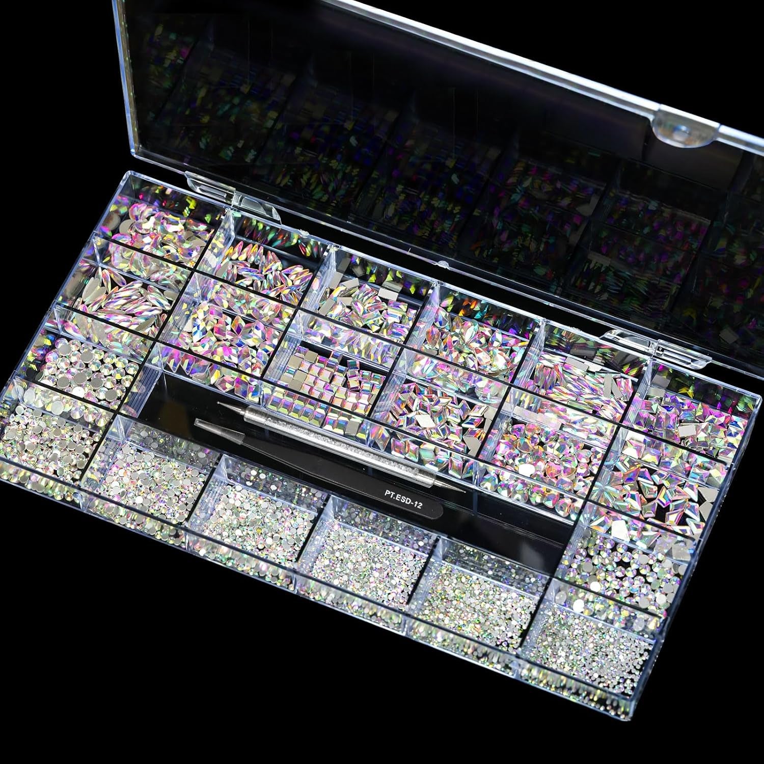 12 Types of 600 Crystal AB Diamonds + 2500 Flat Rhinestones Mix 20 Styles Flatback DIY Crafts Rhinestone Crystals 3D Ornament‌S Flat Back Stones Set + Tweezers + Drill Pen