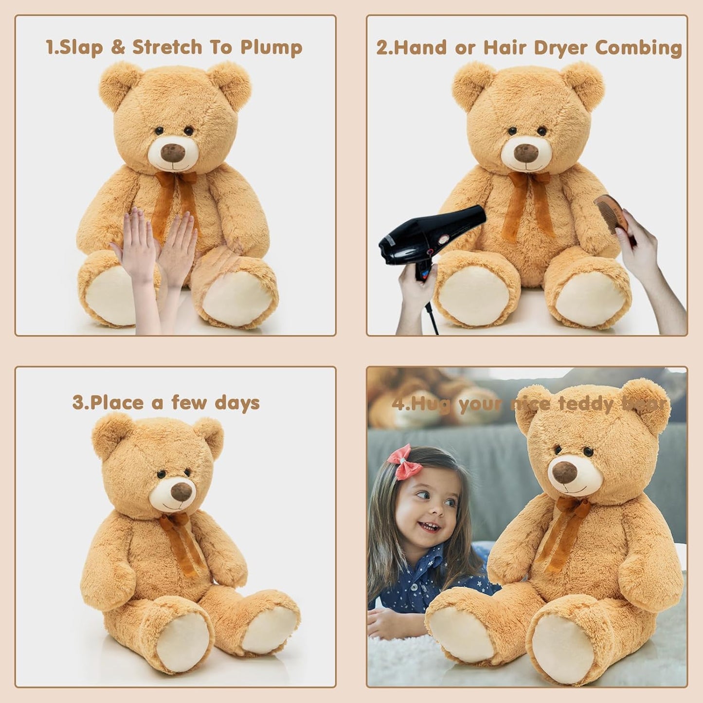 3Ft Giant Teddy Bear Stuffed Animal - Large Tan Bear for Kids, Baby Showers, and Special Occasions