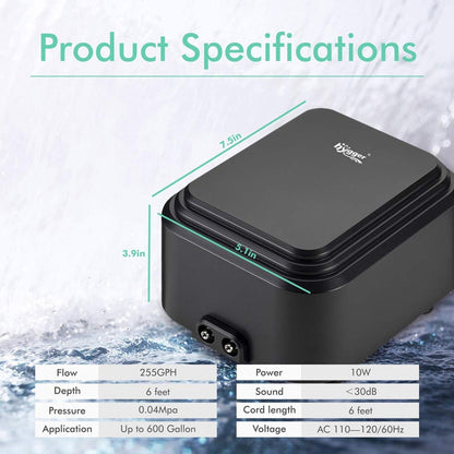 Hygger Quietest Aquarium Air Pump, Adjustable Oxygen Pump 2 Air Outlets Ultra...