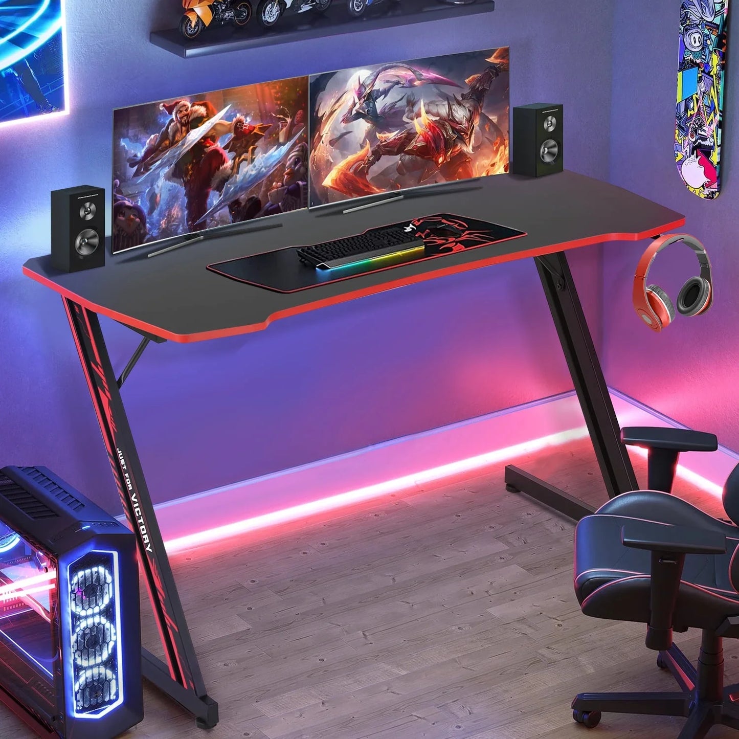 47-Inch Z-Shaped Gaming Desk with Headphone Hook for Home Office, Red