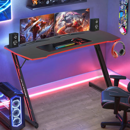 47-Inch Z-Shaped Gaming Desk with Headphone Hook for Home Office, Red