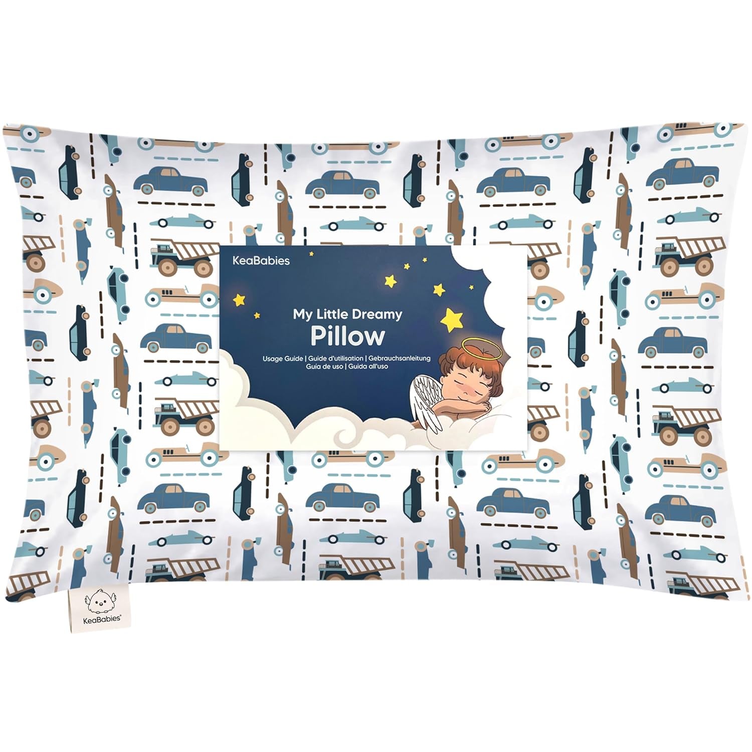 Toddler Travel Pillow with Organic Cotton Pillowcase - 13x18 My Little Dreamy Design, Soft & Breathable, Machine Washable, Ideal for Ages 2-5 (Vroom)