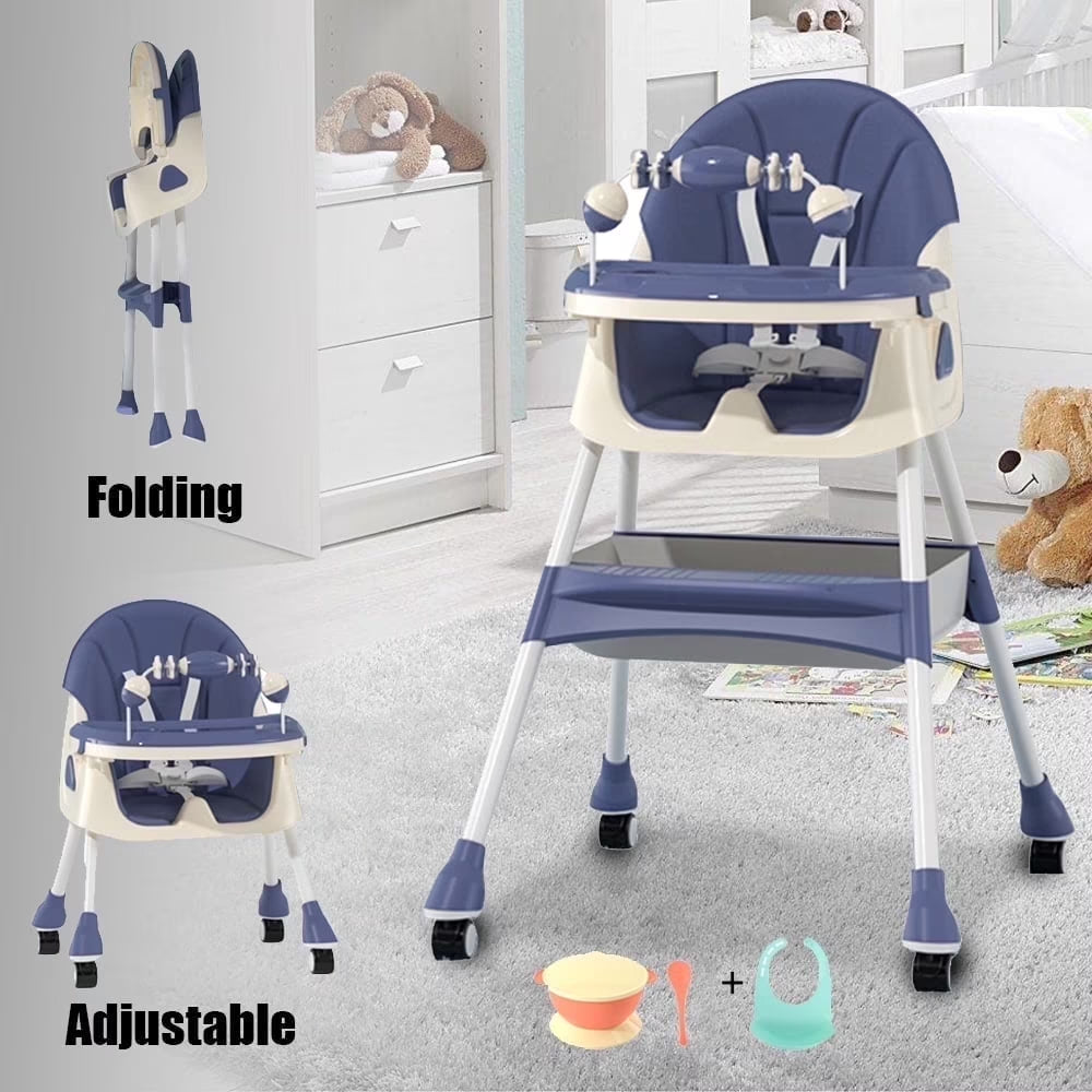 Adjustable 4-in-1 Baby Highchair and Convertible Toddler Dining Chair with 5-Point Safety Harness and Removable Dinner Plate, Blue