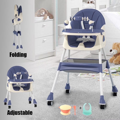 Adjustable 4-in-1 Baby Highchair and Convertible Toddler Dining Chair with 5-Point Safety Harness and Removable Dinner Plate, Blue