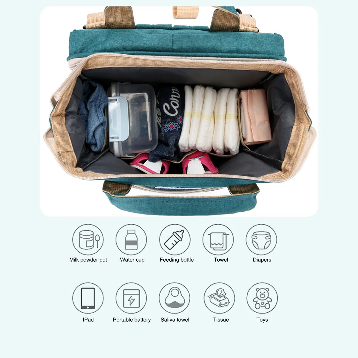 Multifunctional Diaper Bag Backpack with Integrated Changing Station, Foldable Crib, Insulated Bottle Compartment, Waterproof Design, and USB Charging Port - The Ultimate Travel Solution for Parents