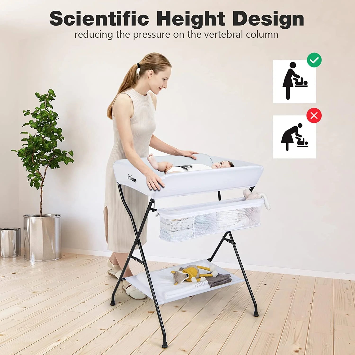 Portable Folding Baby Changing Table with Safety Belt and Spacious Storage Racks for Newborns and Infants (White)