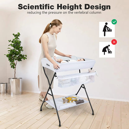 Portable Folding Baby Changing Table with Safety Belt and Spacious Storage Racks for Newborns and Infants (White)