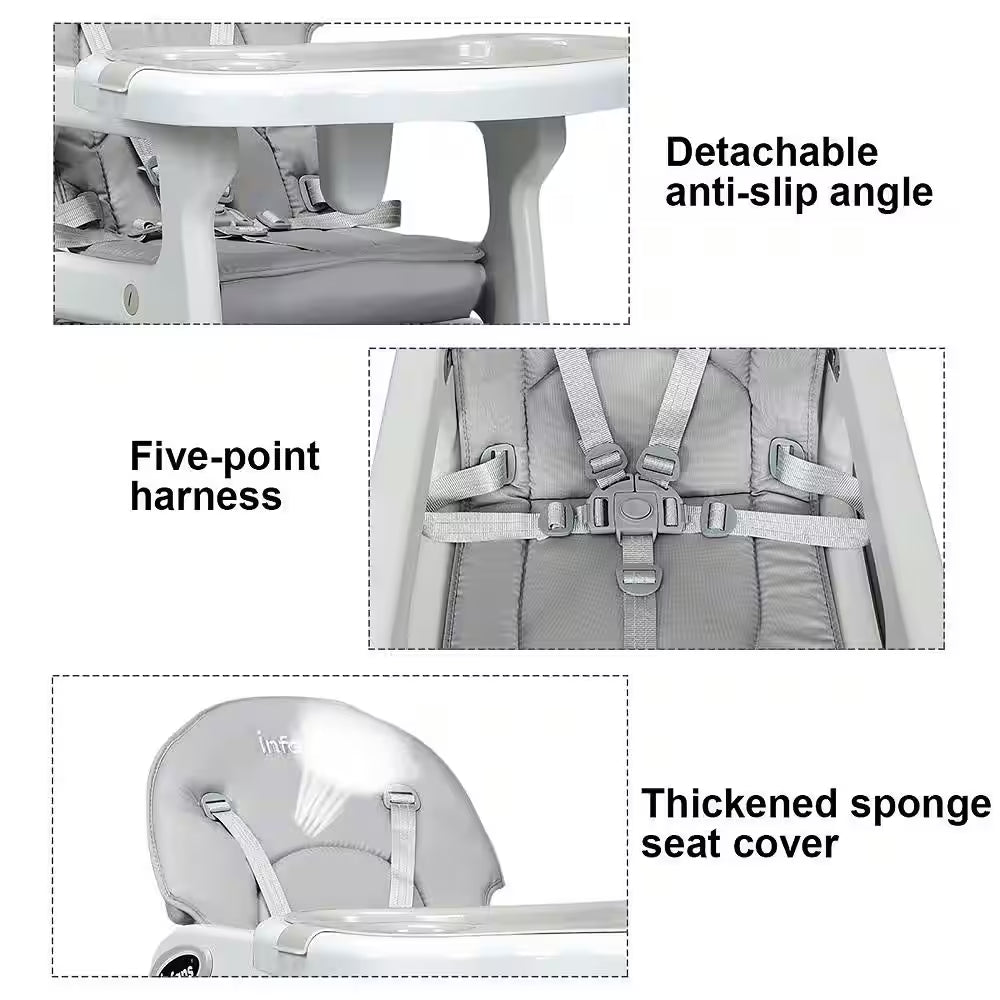 Adjustable 3-in-1 Grey Plastic Baby High Chair with Detachable Trays