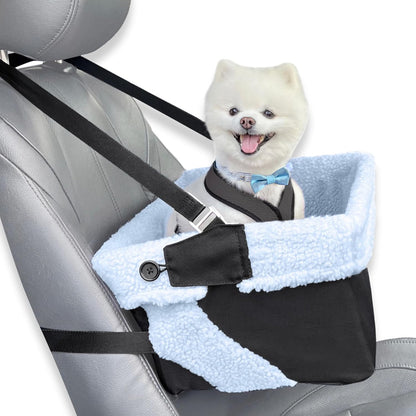 Blue Dog Booster Seat - Washable, Adjustable, Collapsible Pet Travel Carrier Bed - Safety Seat Belt Tether for Small Dogs, Puppies, and Pets up to 18 Lbs