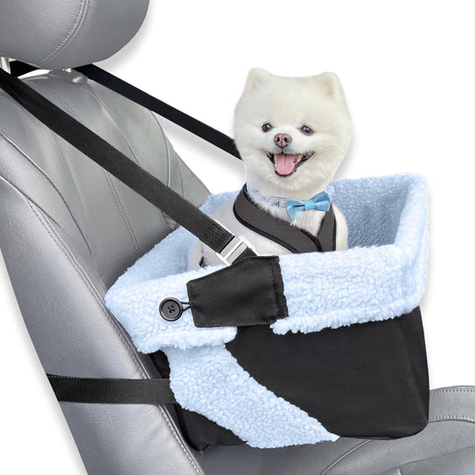 Blue Dog Booster Seat - Washable, Adjustable, Collapsible Pet Travel Carrier Bed - Safety Seat Belt Tether for Small Dogs, Puppies, and Pets up to 18 Lbs