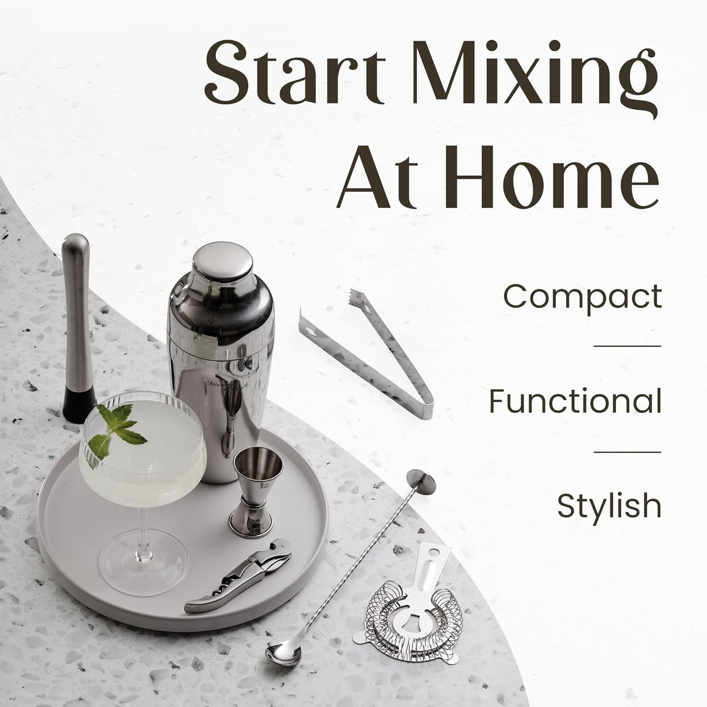 Bartender Kit – 15 Piece Cocktail Shaker Set with Bamboo Stand | Complete Cocktail Kit Gift Set | Top Bartender Gifts for Men & Women | Exclusive Recipe Cards (Silver)